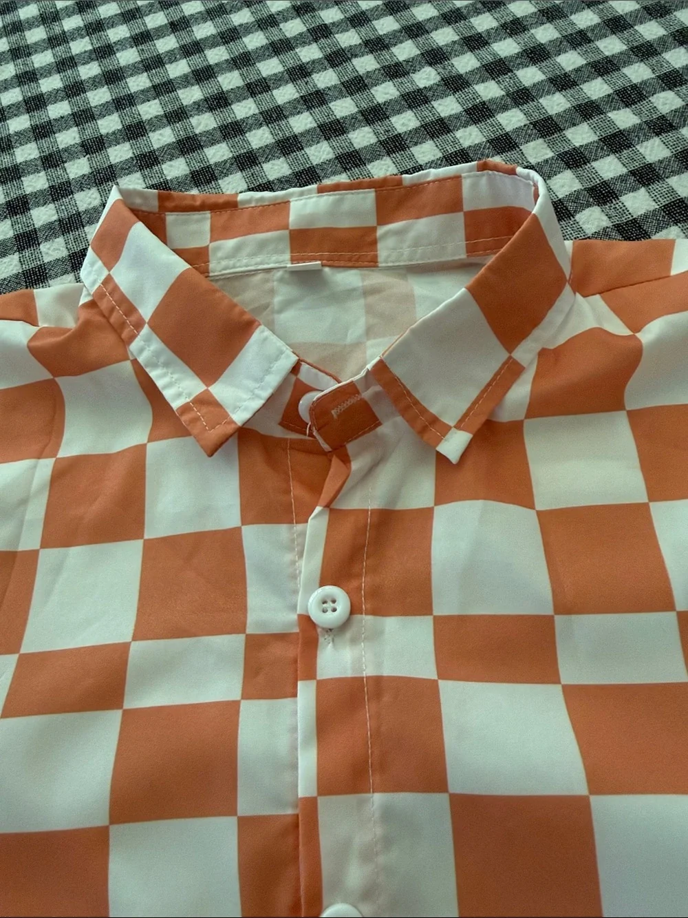 Men's Short-Sleeve Checkered Shirt - Orange/White